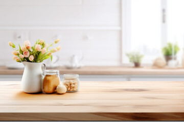 Fototapeta na wymiar Wooden table on blurred white kitchen background.
