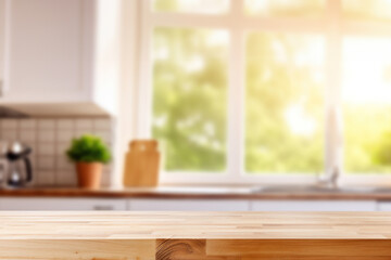 Fototapeta na wymiar Wooden table on blurred white kitchen background.