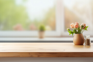 Wooden table on blurred white kitchen background.