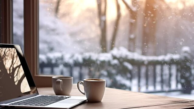 cup of coffee and laptop at the window with snowfall in winter. seamless looping time-lapse virtual video animation background. Generated AI