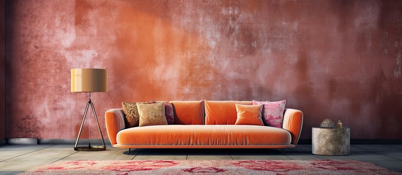 In the vintage living room, a velvety peach sofa stands against a grunge textured background, adorned with an abstract pattern wallpaper in shades of orange and pink, harmonizing the overall design