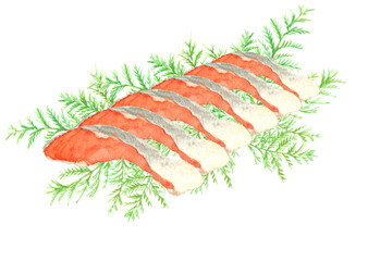 水彩で描いたヒバに盛った新鮮な鮭の切り身【手描き】白バック 透過背景