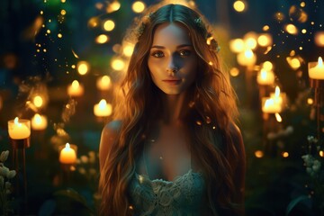 Close-up portrait headshot of a young caucasian woman girl with fire lights around. Pagan holiday Beltane Sabbats, May spring festive - obrazy, fototapety, plakaty