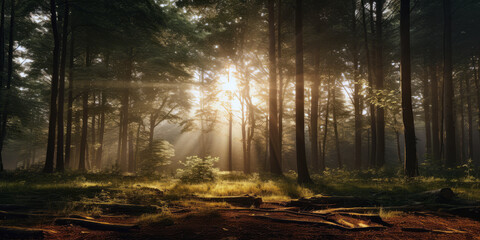 Sunny forest with sunlight shining through the trees