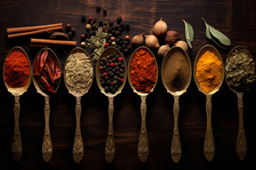 Top view of different spices and herbs in spoons - obrazy, fototapety, plakaty