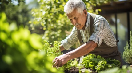 Fototapeta premium A Senior Gardener Nurturing Plants in a Tranquil Garden.