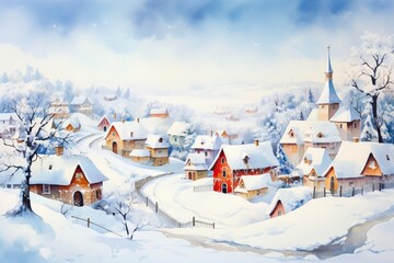 Obraz premium Winter village watercolor painting illustration made by generative ai