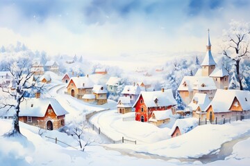 Winter village watercolor painting illustration made by generative ai