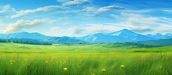 In the summer, as the vibrant green grass sways in the gentle breeze, one cant help but admire the picturesque landscape of mountains against the clear blue sky, creating a colorful background for a - obrazy, fototapety, plakaty