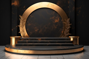 3D Realistic Black and Gold Marble Podium with Gold Leaves