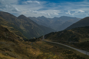 Views from the solar viewpoint of Tristania, Ordino Andorra. Mountain scenery in the Pyrenees of Andorra and France.