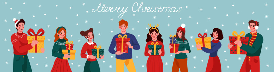 Christmas people. Men and women in santa hats and warm sweaters hold wrapped boxes. Friends or couples with gifts,, xmas family party. Winter celebration, vector cartoon flat isolated tidy collection