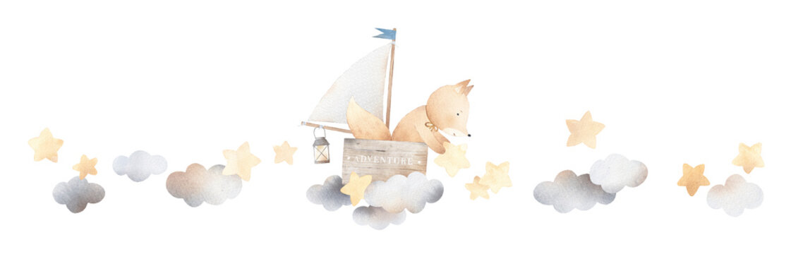 Cute fox in a wooden boat among the clouds. Traveler in the clouds. Watercolor illustration. Vintage style. Fabulous adventure. Horizontal banner.