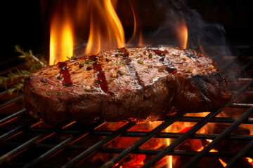 Close-up view of beef steaks on the grill with flames. Selective focus.