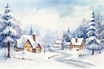 Fototapeta premium Winter village watercolor painting illustration made by generative ai