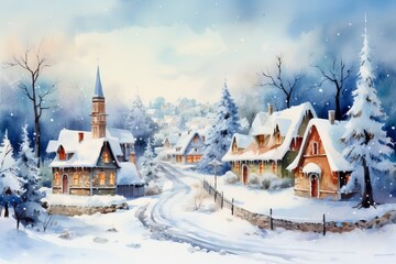 Winter village watercolor painting illustration made by generative ai