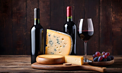 Bottle of red wine with cheese on a wooden table and dark grunge background. Conceptual food photo