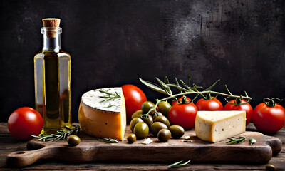 Cheese tomatoes olives and a bottle of oil on a wooden table. Cheese with red tomatoes and olives on a wooden grunge background.