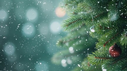 Close up green Christmas tree branches in snow background. - Powered by Adobe