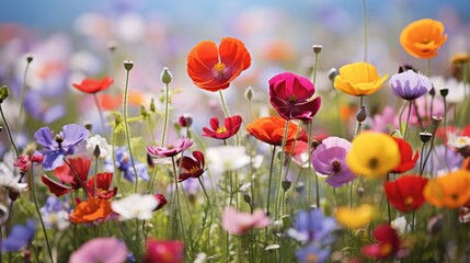 Closed Up of vibrant wild flowers in a Field background. - obrazy, fototapety, plakaty