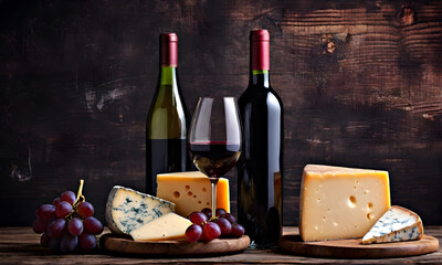 Cheese with grapes and wine on a wooden table and dark grunge background. Wine grape cheese and a bottle of red vain on a wooden table.