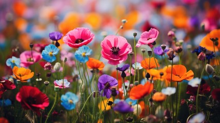Closed Up of vibrant wild flowers in a Field background. - obrazy, fototapety, plakaty