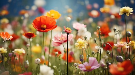 Obraz premium Closed Up of vibrant wild flowers in a Field background.