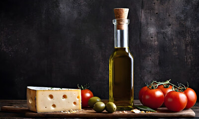 Cheese tomatoes olives and a bottle of oil on a wooden table. Conceptual food photo.