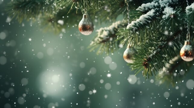 Close up green Christmas tree branches in snow background.