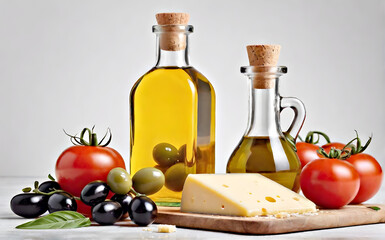 Cheese with tomatoes, black and green olives and a bottle of oil on a wooden board. Food still life of cheese with tomatoes and olives on a light background.