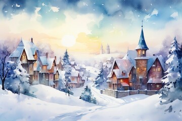 Winter village watercolor painting illustration made by generative ai