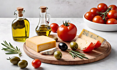 Tomatoes with cheese and bottles of butter on the table. Conceptual food photo