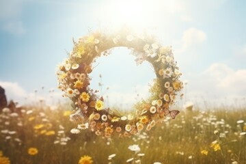 Close-up of spring summer flower wreath on a green meadow. Pagan tradition and holiday of Midsummer solstice - obrazy, fototapety, plakaty