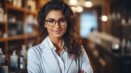 Female Pharmacist wearing glasses in front of shelves with medicines - obrazy, fototapety, plakaty
