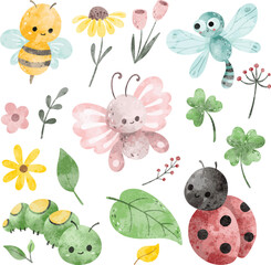 Watercolor Illustration set of Cute Garden Animals
