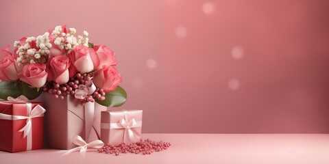 Banner poster valentine day with a gift box and a bouquet of roses with copy space