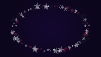 Vector Magical Glowing Background with Silver and Purple Falling Stars on Black. Christmass and New Year Poster. Glittery Confetti Frame. Sparkle Star Night Banner Design.