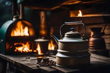Heirloom enamel kettle when camping overnight and using a wood-burning stove. old-fashioned coffee pot. a campfire in the country - obrazy, fototapety, plakaty