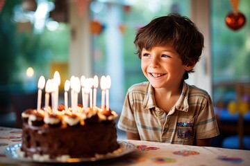 Birthday boy blow a cake in birthday party. - Powered by Adobe