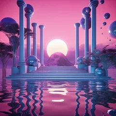 Fototapeten A surreal landscape featuring classical columns and floating orbs against a pink sunset over water © odela