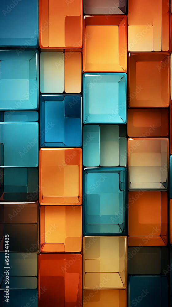 Sticker abstract background made of blue and orange glass cubes. 3d render. generative ai