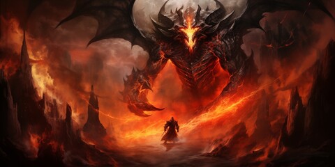 Infernal Clash Knight's Fierce Fight with Demons Fantasy, Demon, Monster concept - obrazy, fototapety, plakaty