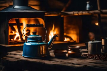 Old-fashioned enamel kettle during the night while camping, by the wood-burning stove. vintage kettle for coffee. pyre in the rural area - obrazy, fototapety, plakaty