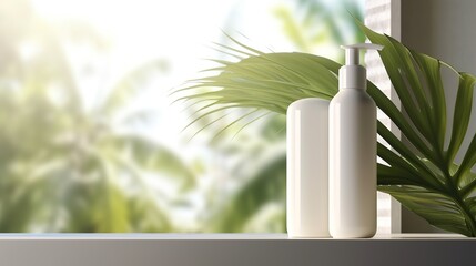 Natural Cosmetic product presentation. Ourdoors garden placement. White blank Jar shampoo bottle.