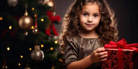 Fototapeta na wymiar Curly-haired young girl offering red Christmas gift, shimmering tree in soft focus. Generative AI