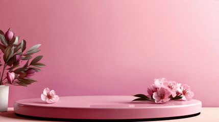 Obraz na płótnie Canvas Pink podium with flowers on pink background. 3d render. Generative AI