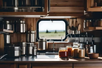 Tuinposter Stylish indoor kitchen in a contemporary trailer with various jars and utensils. A camping trip © Stone Shoaib