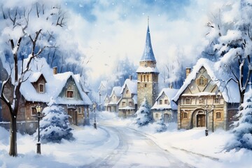 Winter village watercolor painting illustration made by generative ai