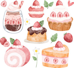 Watercolor Illustration set of Strawberry Cake and Dessert