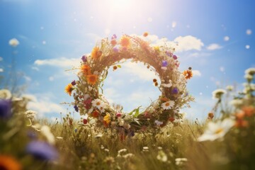 Close-up of spring summer flower wreath on a green meadow. Pagan tradition and holiday of Midsummer solstice - obrazy, fototapety, plakaty